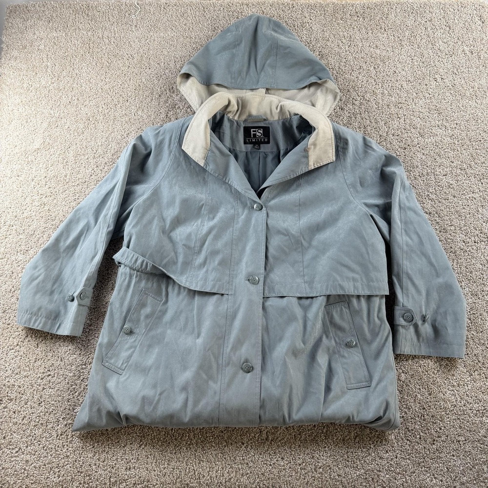 FS Limited Coat Womens 18W Blue Hooded Rain Long Button Front Lined Pockets